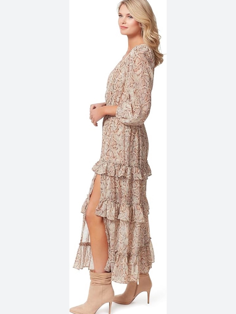 Jessica Simpson Boho Tiered V-Neck Maxi Dress - Beige Snake Print